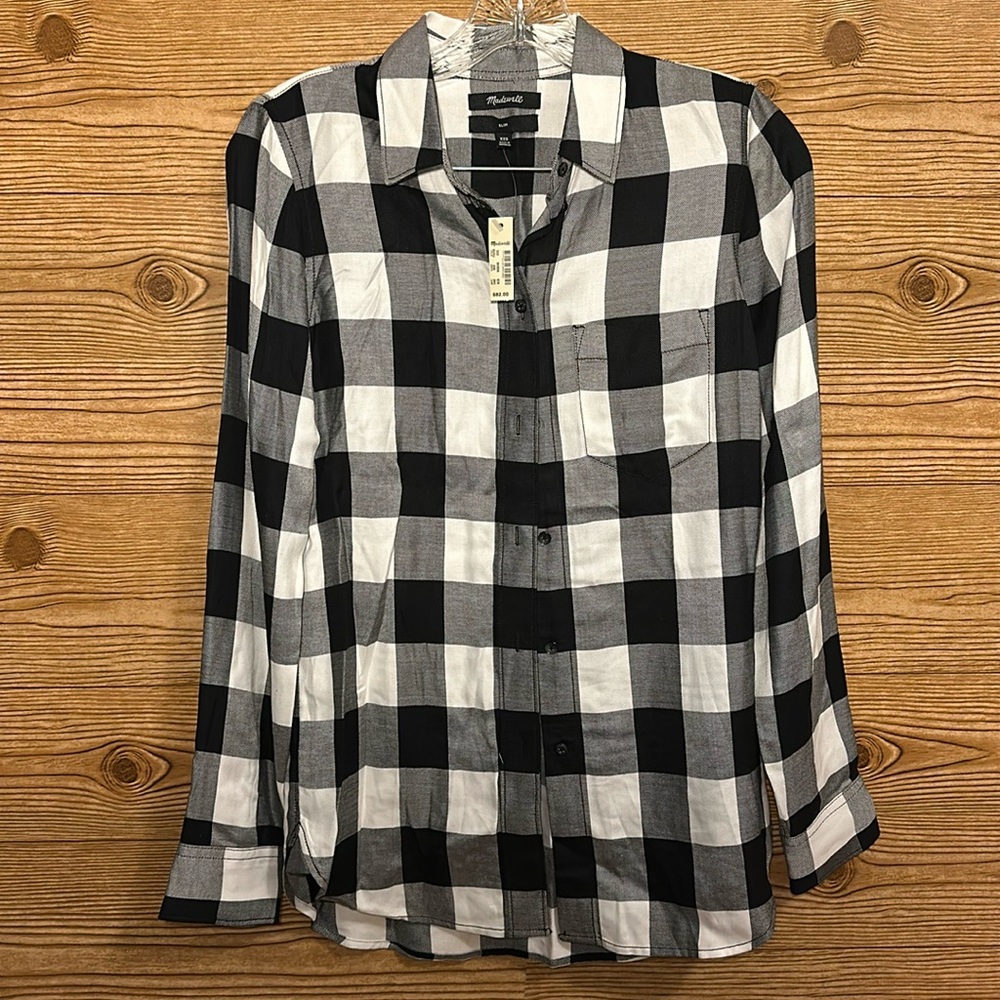 NWT Madewell Slim Ex-Boyfriend Button Down Shirt Buffalo Check Black White XXS